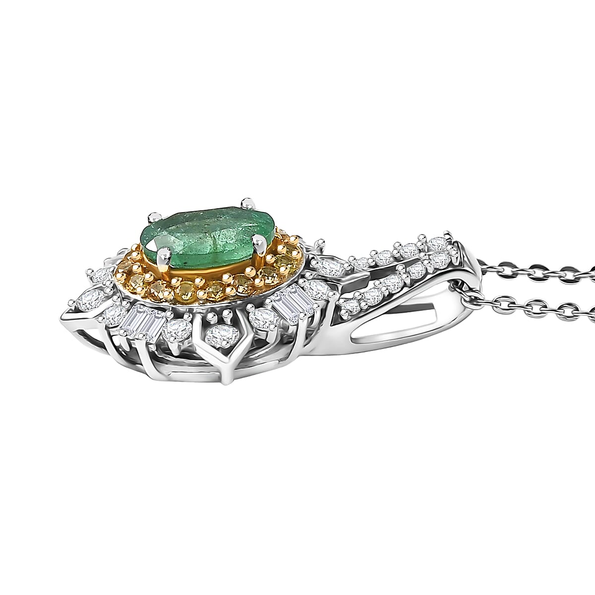 D'Joy Kagem Zambian Emerald and Multi Gemstone 1.70 ctw Sunburst Halo Pendant Necklace in Rhodium Over Sterling Silver 20 Inches  image number 3