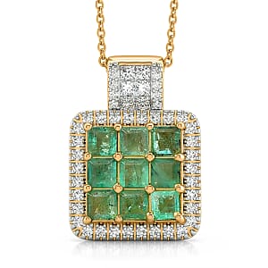 Premium Kagem Zambian Emerald and Luxuriant Lab Grown Diamond G-H SI 1.85 ctw Grid Mosaic Pendant Necklace in 18K Vermeil Yellow Gold Over Sterling Silver 20 Inches