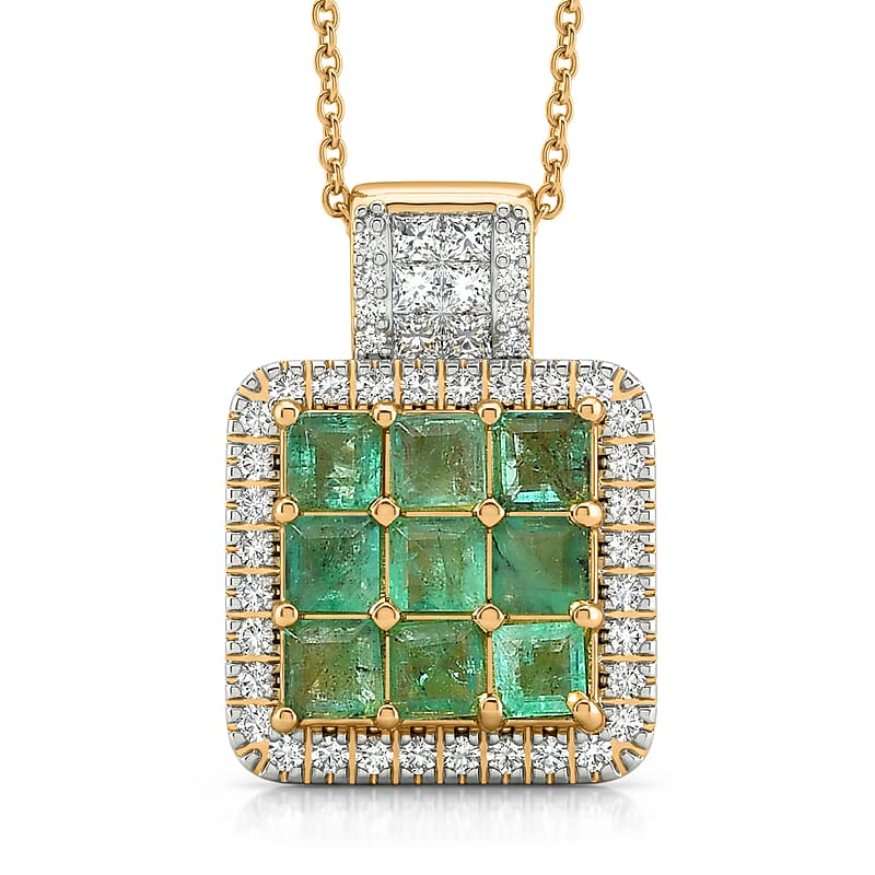 Premium Kagem Zambian Emerald and Luxuriant Lab Grown Diamond G-H SI 1.85 ctw Grid Mosaic Pendant Necklace in 18K Vermeil Yellow Gold Over Sterling Silver 20 Inches