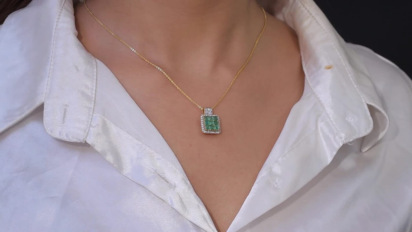Premium Kagem Zambian Emerald and Luxuriant Lab Grown Diamond G-H SI 1.85 ctw Grid Mosaic Pendant Necklace in 18K Vermeil Yellow Gold Over Sterling Silver 20 Inches