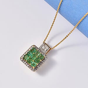 Premium Kagem Zambian Emerald and Luxuriant Lab Grown Diamond G-H SI 1.85 ctw Grid Mosaic Pendant Necklace in 18K Vermeil Yellow Gold Over Sterling Silver 20 Inches