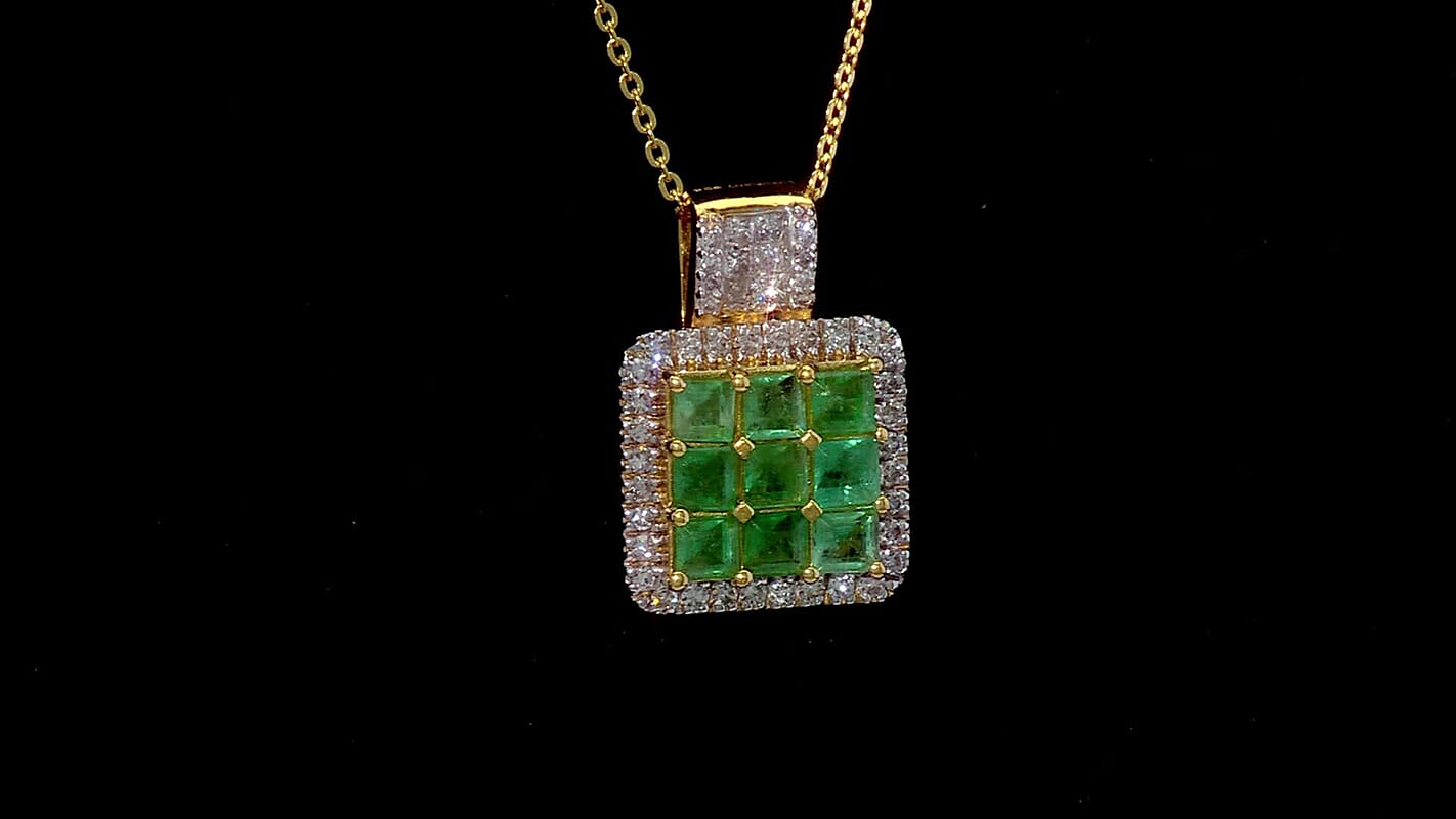 Premium Kagem Zambian Emerald and Luxuriant Lab Grown Diamond G-H SI 1.85 ctw Grid Mosaic Pendant Necklace in 18K Vermeil Yellow Gold Over Sterling Silver 20 Inches