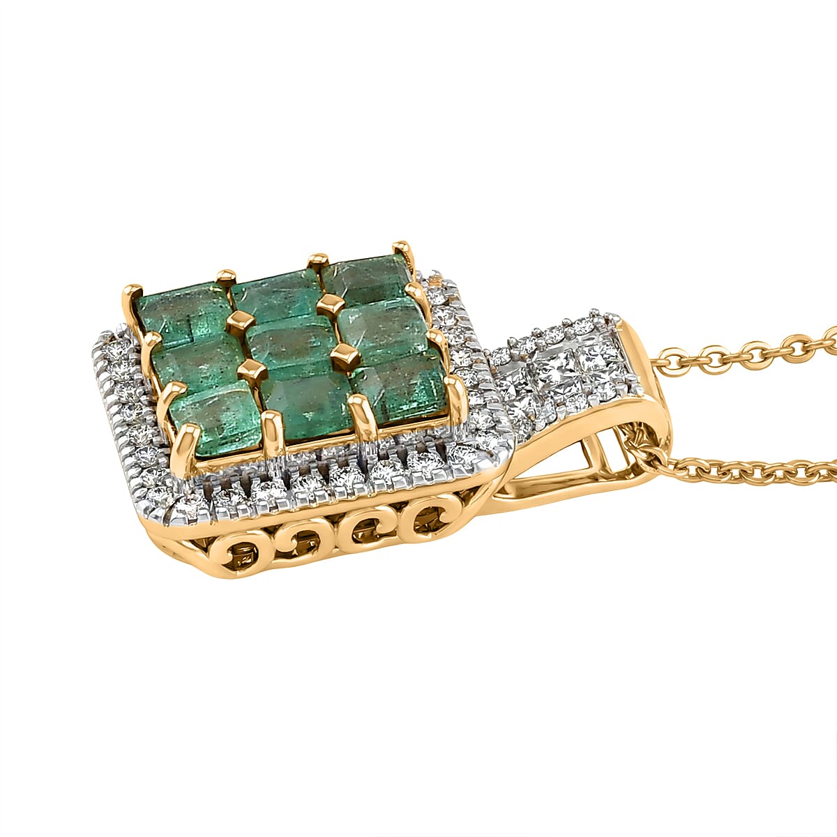 Premium Kagem Zambian Emerald and Luxuriant Lab Grown Diamond G-H SI 1.85 ctw Grid Mosaic Pendant Necklace in 18K Vermeil Yellow Gold Over Sterling Silver 20 Inches image number 3