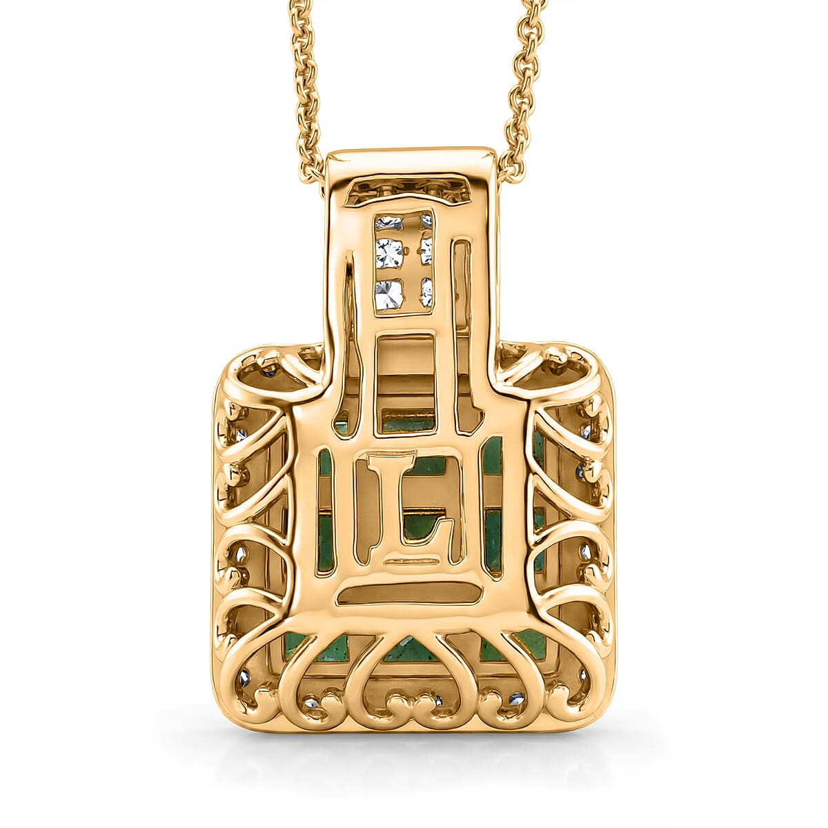 Premium Kagem Zambian Emerald and Luxuriant Lab Grown Diamond G-H SI 1.85 ctw Grid Mosaic Pendant Necklace in 18K Vermeil Yellow Gold Over Sterling Silver 20 Inches image number 4