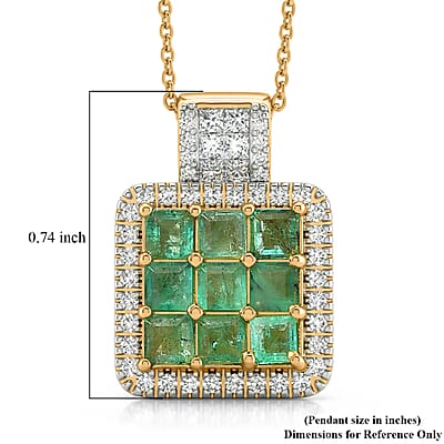 Premium Kagem Zambian Emerald and Luxuriant Lab Grown Diamond G-H SI 1.85 ctw Grid Mosaic Pendant Necklace in 18K Vermeil Yellow Gold Over Sterling Silver 20 Inches