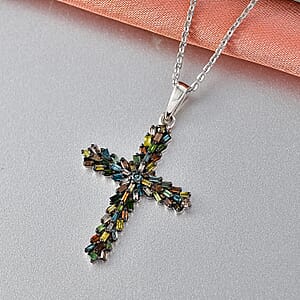 D'Joy Multi Color Diamond 0.50 ctw Cross Pendant Necklace in Rhodium Over Sterling Silver 20 Inches 