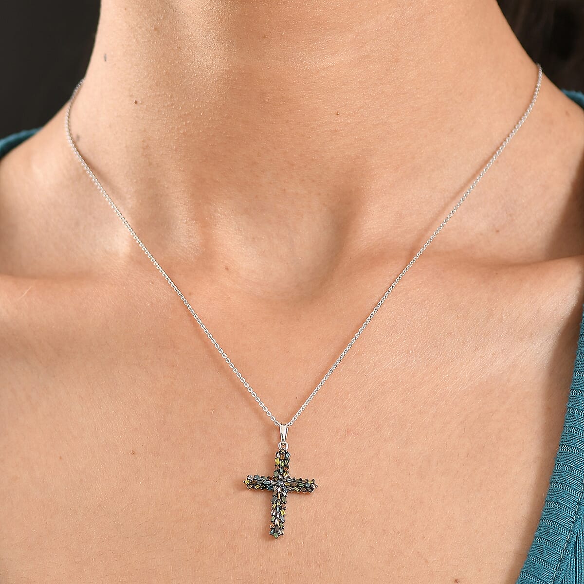 D'Joy Multi Color Diamond 0.50 ctw Cross Pendant Necklace in Rhodium Over Sterling Silver 20 Inches  image number 2