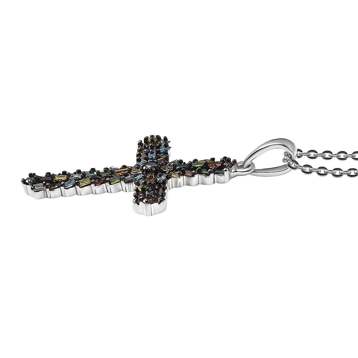 D'Joy Multi Color Diamond 0.50 ctw Cross Pendant Necklace in Rhodium Over Sterling Silver 20 Inches  image number 3