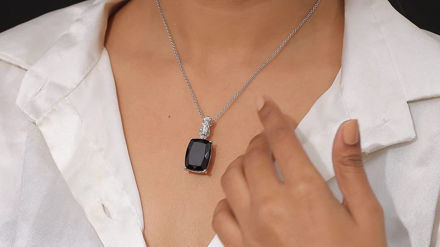 EverTrue Thai Black Spinel 22.70 ctw Pendant in Platinum Bond with Stainless Steel Necklace 20 Inches