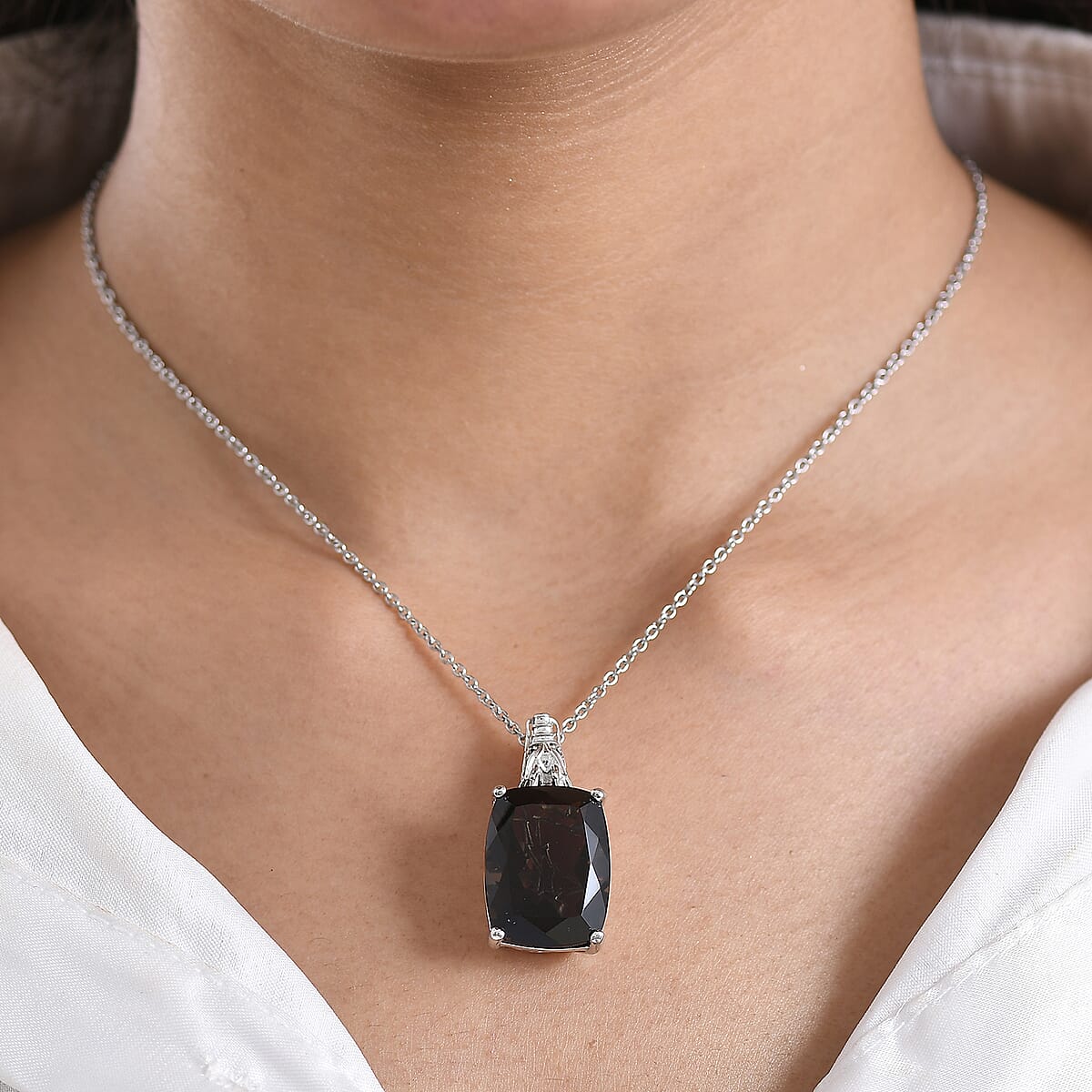 EverTrue Smoky Quartz and Thai Black Spinel 20.00 ctw Pendant in Platinum Bond with Stainless Steel Necklace 20 Inches image number 2