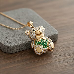Simulated Multi Color Diamond Teddy Bear Pendant in Goldtone with Stainless Steel Necklace 20-22 Inches