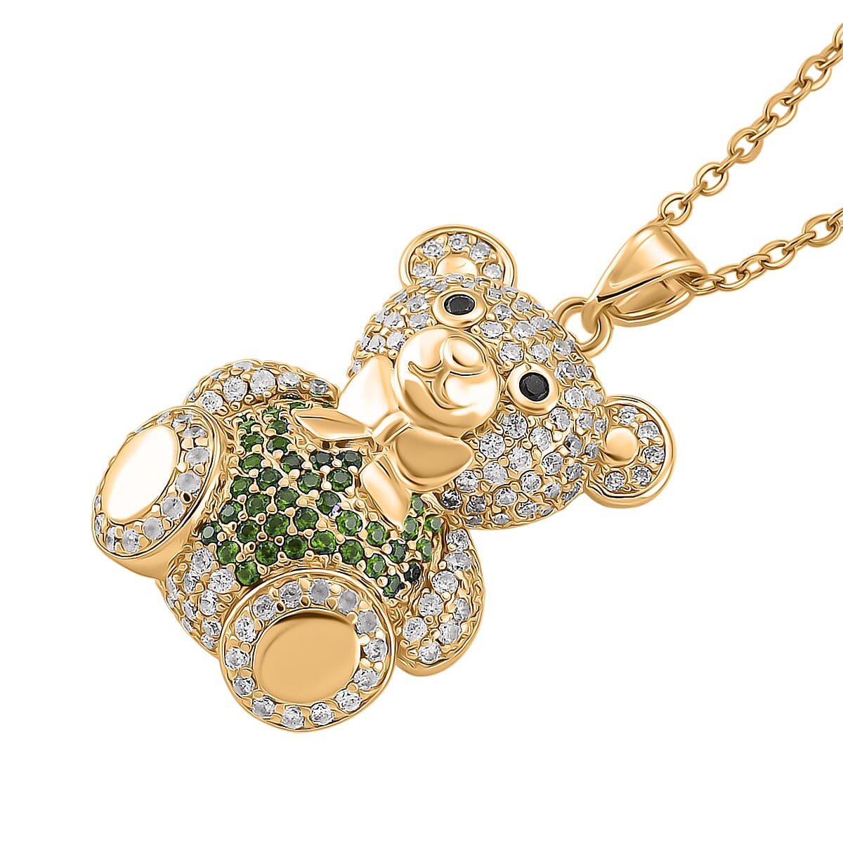 Simulated Multi Color Diamond Teddy Bear Pendant in Goldtone with Stainless Steel Necklace 20-22 Inches image number 3