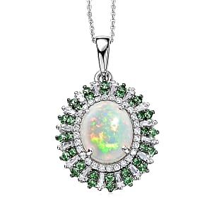 D'Joy Premium Ethiopian Welo Opal and Multi Gemstone 4.85 ctw Sunburst Pendant Necklace in Rhodium Over Sterling Silver 20 Inches 