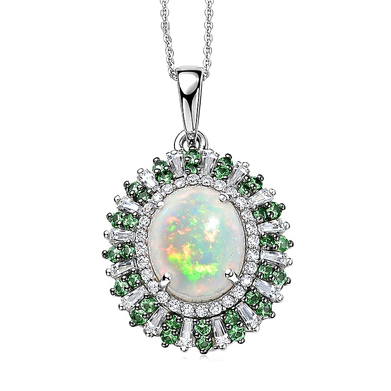 D'Joy Premium Ethiopian Welo Opal and Multi Gemstone 4.85 ctw Sunburst Pendant Necklace in Rhodium Over Sterling Silver 20 Inches