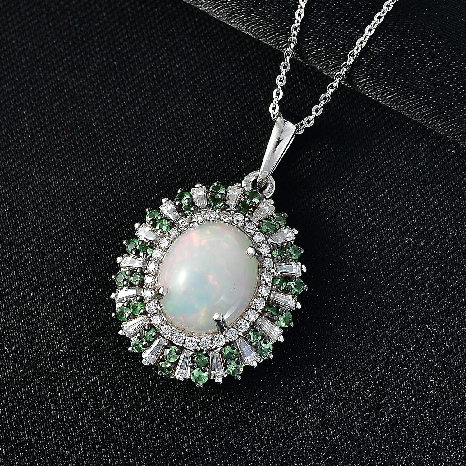 D'Joy Premium Ethiopian Welo Opal and Multi Gemstone 4.85 ctw Sunburst Pendant Necklace in Rhodium Over Sterling Silver 20 Inches