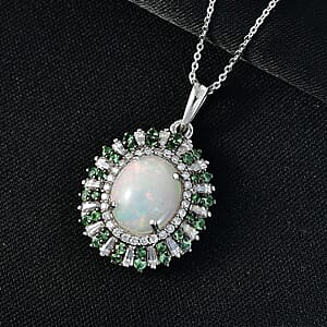 D'Joy Premium Ethiopian Welo Opal and Multi Gemstone 4.85 ctw Sunburst Pendant Necklace in Rhodium Over Sterling Silver 20 Inches 
