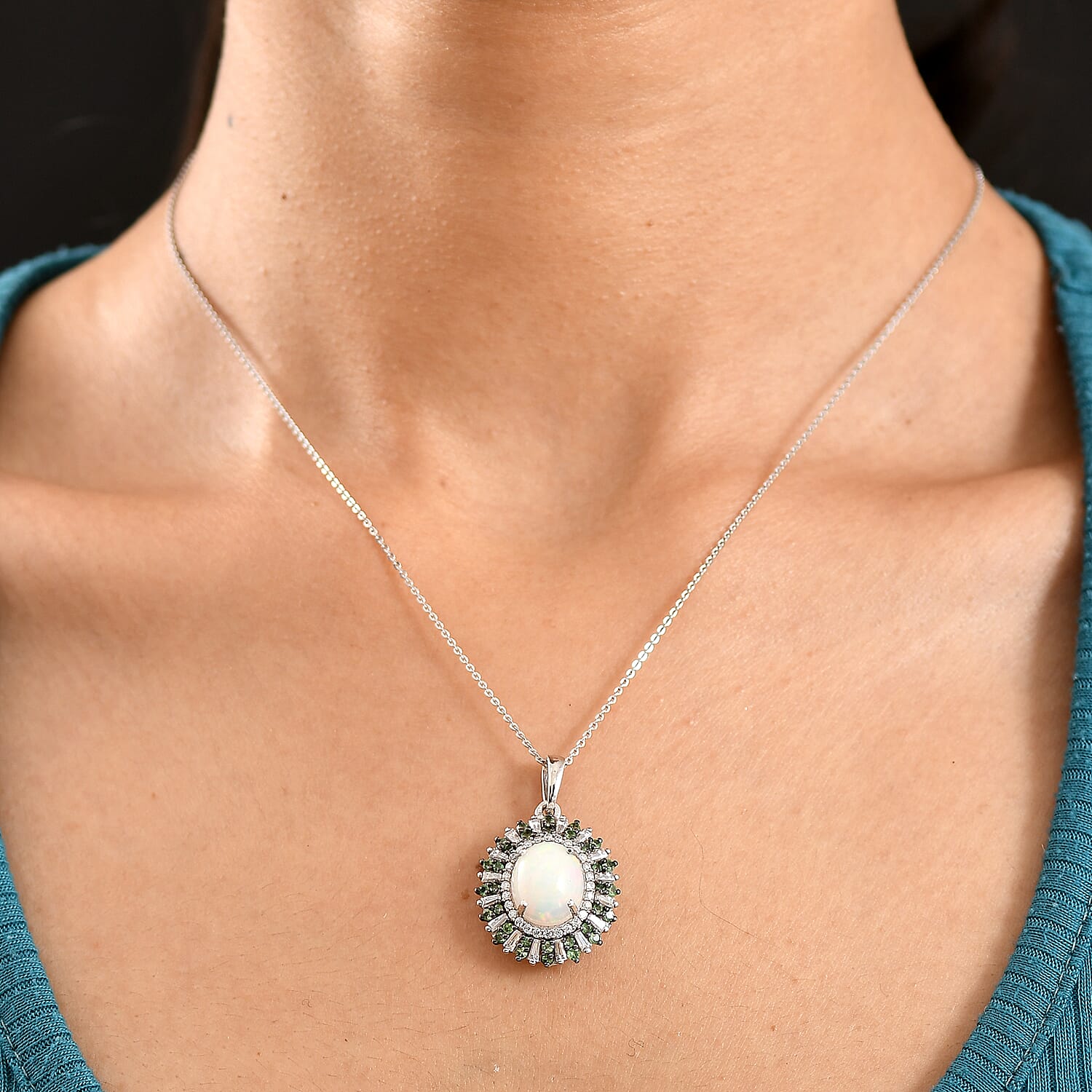 D'Joy Premium Ethiopian Welo Opal and Multi Gemstone 4.85 ctw Sunburst Pendant Necklace in Rhodium Over Sterling Silver 20 Inches