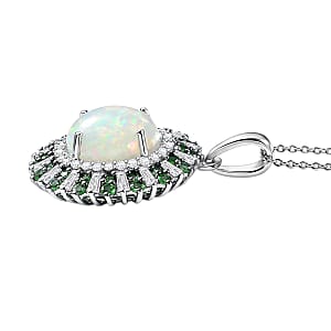 D'Joy Premium Ethiopian Welo Opal and Multi Gemstone 4.85 ctw Sunburst Pendant Necklace in Rhodium Over Sterling Silver 20 Inches 