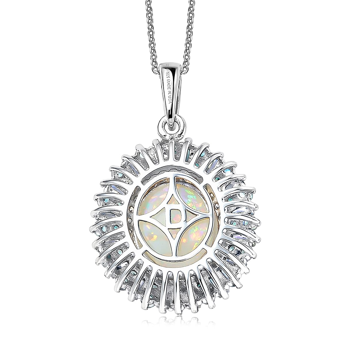 D'Joy Premium Ethiopian Welo Opal and Multi Gemstone 4.85 ctw Sunburst Pendant Necklace in Rhodium Over Sterling Silver 20 Inches