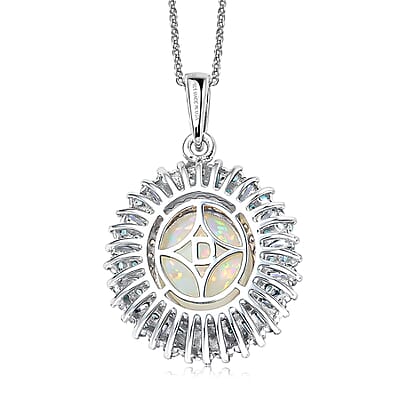 D'Joy Premium Ethiopian Welo Opal and Multi Gemstone 4.85 ctw Sunburst Pendant Necklace in Rhodium Over Sterling Silver 20 Inches
