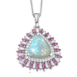 D'Joy Premium Ethiopian Welo Opal and Multi Gemstone 6.30 ctw Sunburst Pendant Necklace in Rhodium Over Sterling Silver 20 Inches 