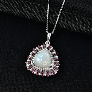 D'Joy Premium Ethiopian Welo Opal and Multi Gemstone 6.30 ctw Sunburst Pendant Necklace in Rhodium Over Sterling Silver 20 Inches 