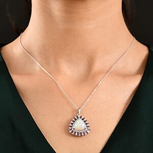 D'Joy Premium Ethiopian Welo Opal and Multi Gemstone 6.30 ctw Sunburst Pendant Necklace in Rhodium Over Sterling Silver 20 Inches 
