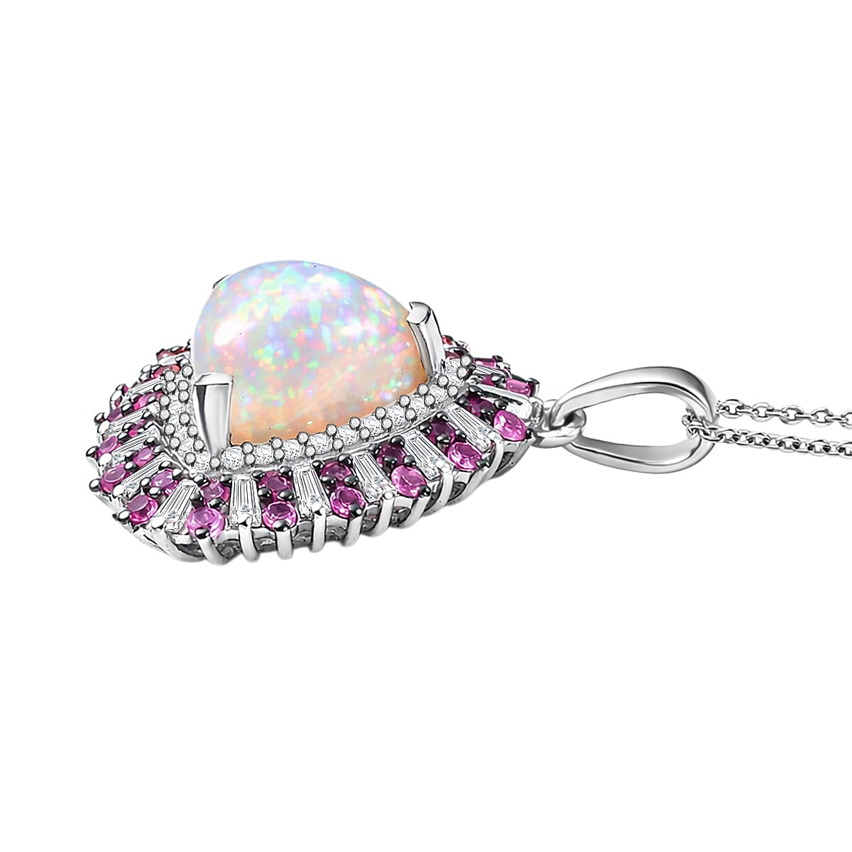 D'Joy Premium Ethiopian Welo Opal and Multi Gemstone 6.30 ctw Sunburst Pendant Necklace in Rhodium Over Sterling Silver 20 Inches  image number 3