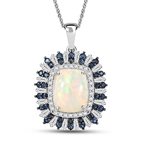 D'Joy Premium Ethiopian Welo Opal and Multi Gemstone 6.10 ctw Sunburst Pendant Necklace in Rhodium Over Sterling Silver 20 Inches 
