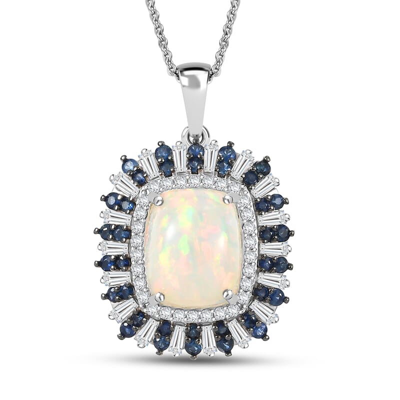 D'Joy Premium Ethiopian Welo Opal and Multi Gemstone 6.10 ctw Sunburst Pendant Necklace in Rhodium Over Sterling Silver 20 Inches