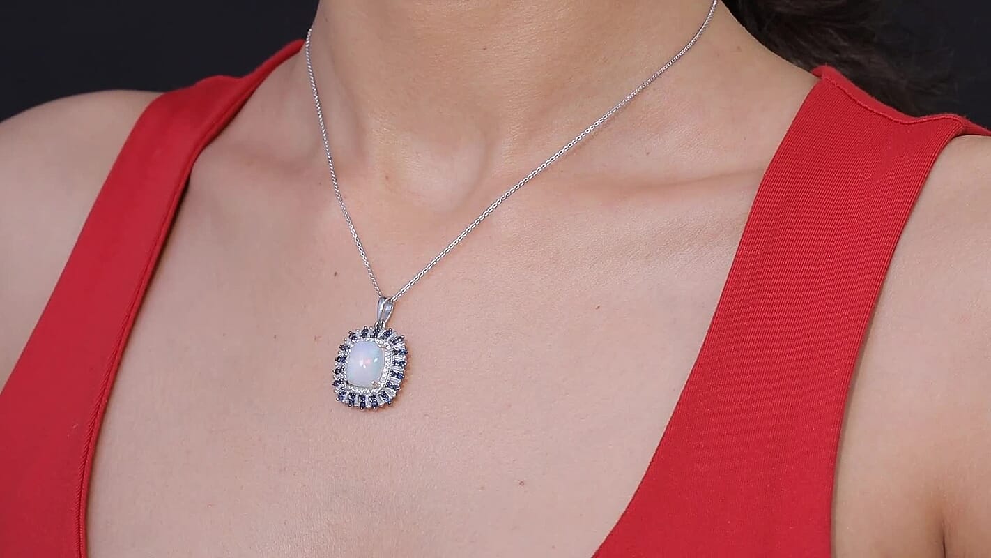 D'Joy Premium Ethiopian Welo, Multi Gemstone Pendant Necklace (20 Inches) in Rhodium Over Sterling Silver 4.85 ctw