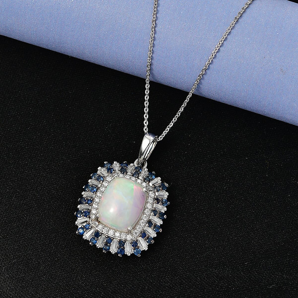 D'Joy Premium Ethiopian Welo Opal and Multi Gemstone 6.10 ctw Sunburst Pendant Necklace in Rhodium Over Sterling Silver 20 Inches  image number 1