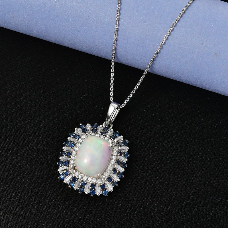 D'Joy Premium Ethiopian Welo Opal and Multi Gemstone 6.10 ctw Sunburst Pendant Necklace in Rhodium Over Sterling Silver 20 Inches