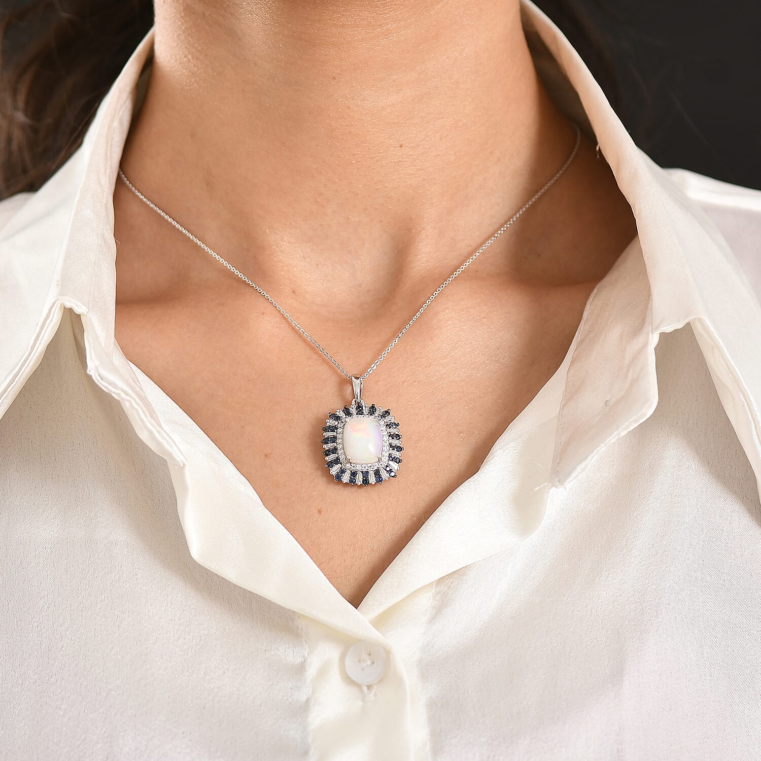 D'Joy Premium Ethiopian Welo Opal and Multi Gemstone 6.10 ctw Sunburst Pendant Necklace in Rhodium Over Sterling Silver 20 Inches