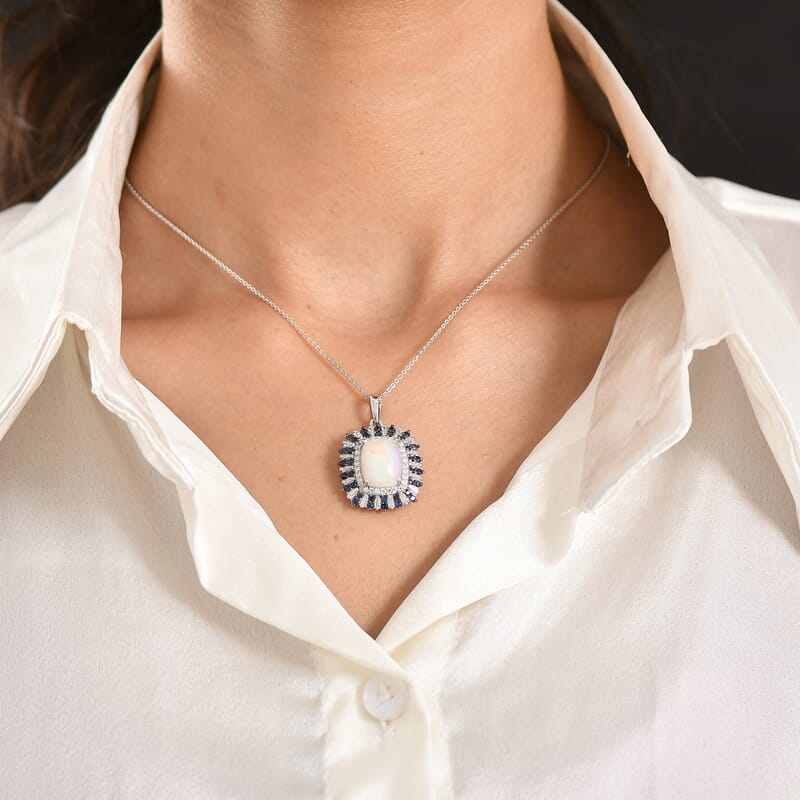 D'Joy Premium Ethiopian Welo Opal and Multi Gemstone 6.10 ctw Sunburst Pendant Necklace in Rhodium Over Sterling Silver 20 Inches