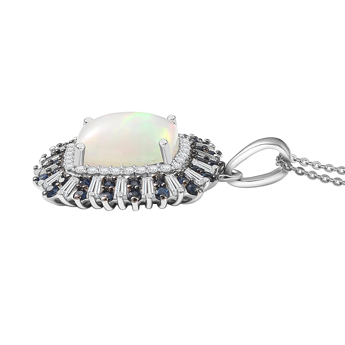 D'Joy Premium Ethiopian Welo Opal and Multi Gemstone 6.10 ctw Sunburst Pendant Necklace in Rhodium Over Sterling Silver 20 Inches