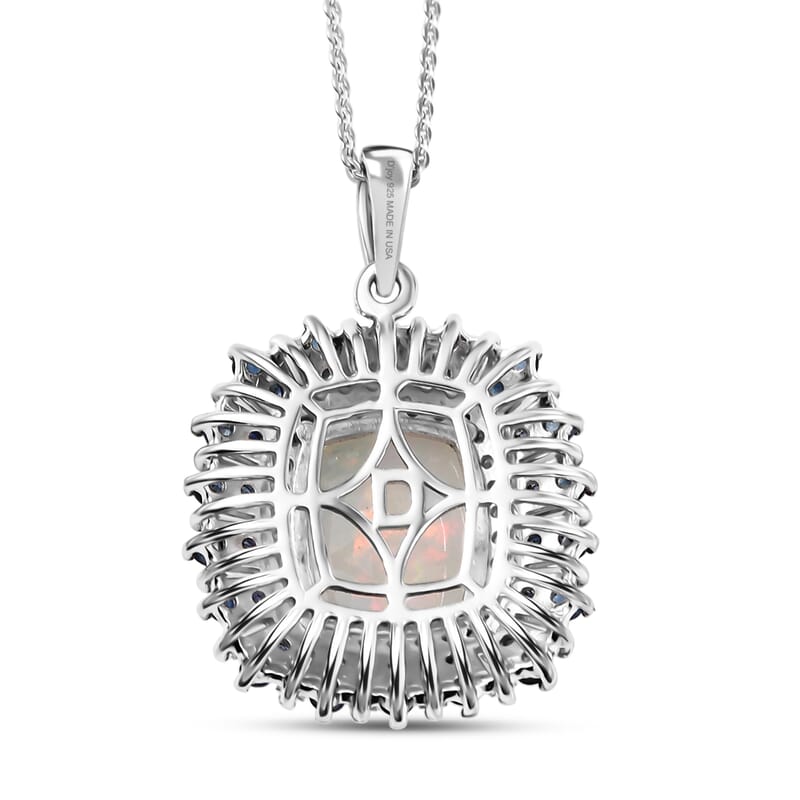 D'Joy Premium Ethiopian Welo Opal and Multi Gemstone 6.10 ctw Sunburst Pendant Necklace in Rhodium Over Sterling Silver 20 Inches