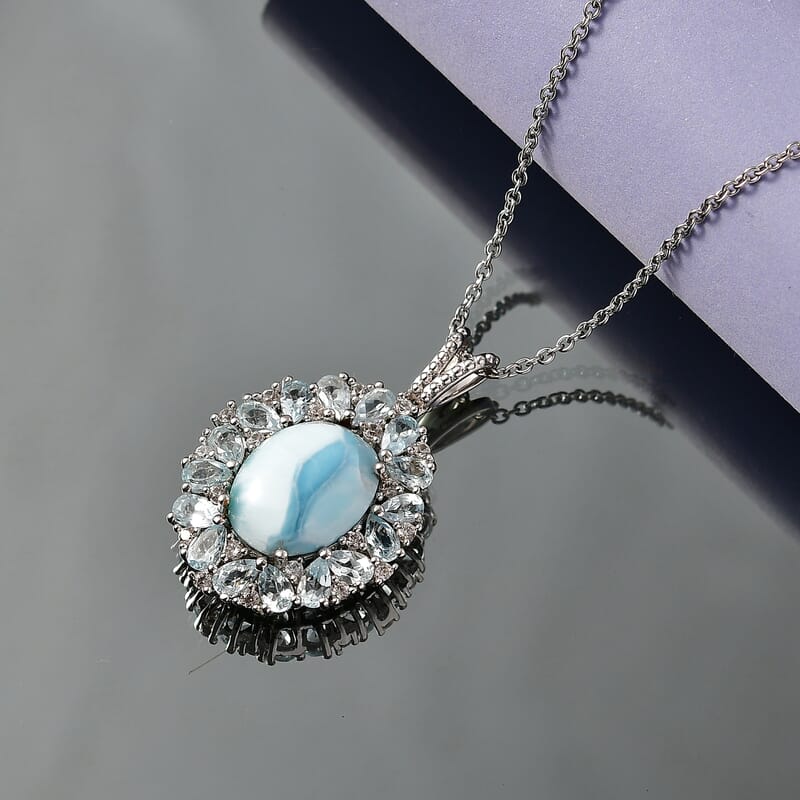 EverTrue Larimar and Multi Gemstone 15.50 ctw Peony Floral Pendant in Platinum Bond with Stainless Steel Necklace 20 Inches