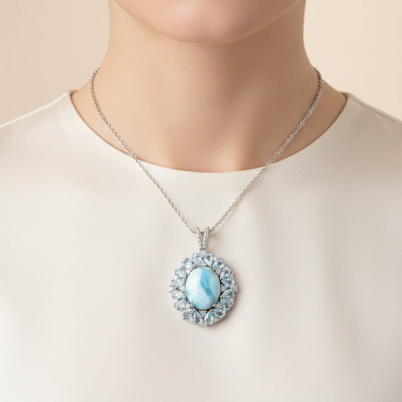EverTrue Larimar and Multi Gemstone 15.50 ctw Peony Floral Pendant in Platinum Bond with Stainless Steel Necklace 20 Inches
