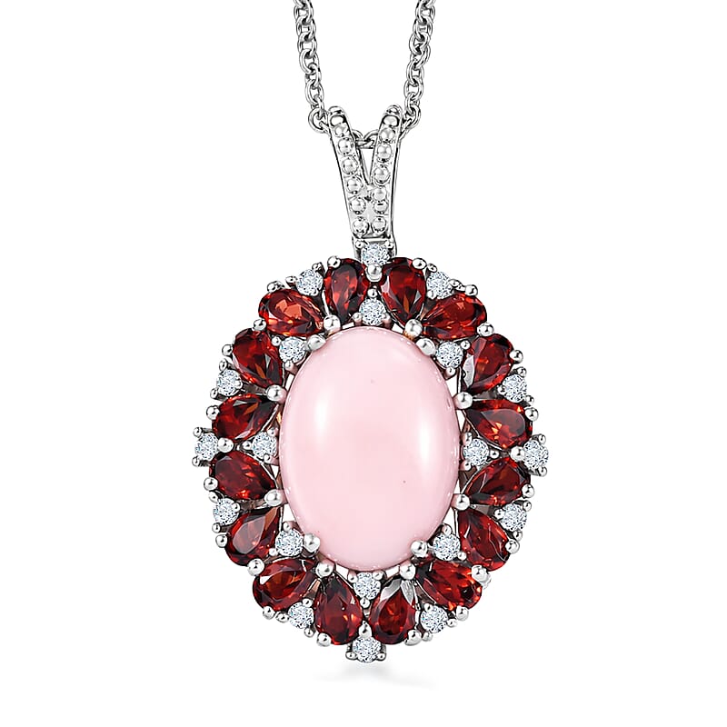 EverTrue Peruvian Pink Opal and Multi Gemstone 12.10 ctw Peony Floral Pendant in Platinum Bond with Stainless Steel Necklace 20 Inches