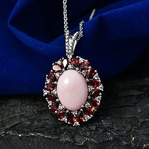 EverTrue Peruvian Pink Opal and Multi Gemstone 12.10 ctw Peony Floral Pendant in Platinum Bond with Stainless Steel Necklace 20 Inches