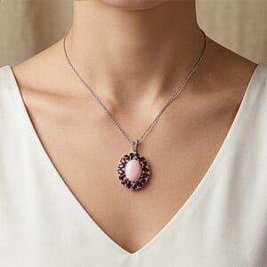 EverTrue Peruvian Pink Opal and Multi Gemstone 12.10 ctw Peony Floral Pendant in Platinum Bond with Stainless Steel Necklace 20 Inches
