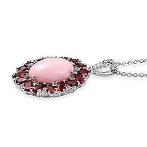 EverTrue Peruvian Pink Opal and Multi Gemstone 12.10 ctw Peony Floral Pendant in Platinum Bond with Stainless Steel Necklace 20 Inches