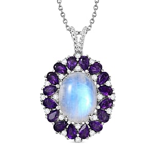 EverTrue Rainbow Moonstone and Multi Gemstone 13.60 ctw Peony Floral Pendant in Platinum Bond with Stainless Steel Necklace 20 Inches