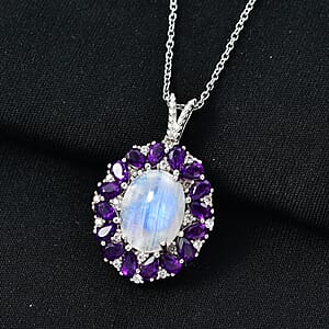 EverTrue Rainbow Moonstone and Multi Gemstone 13.60 ctw Peony Floral Pendant in Platinum Bond with Stainless Steel Necklace 20 Inches