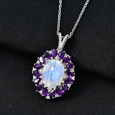 EverTrue Rainbow Moonstone and Multi Gemstone 13.60 ctw Peony Floral Pendant in Platinum Bond with Stainless Steel Necklace 20 Inches