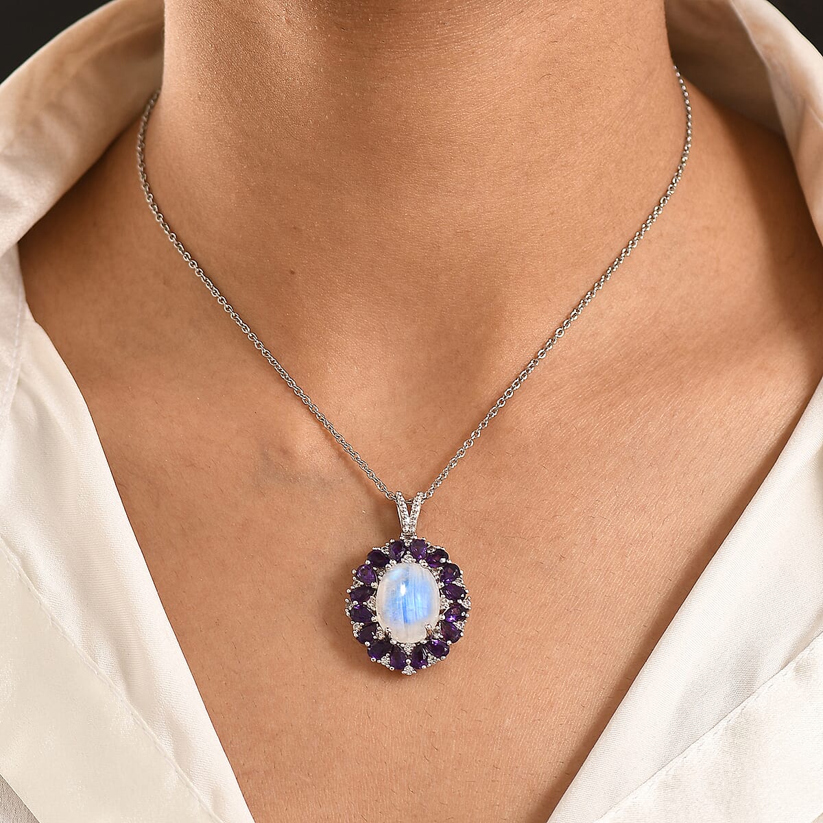 EverTrue Rainbow Moonstone and Multi Gemstone 13.60 ctw Peony Floral Pendant in Platinum Bond with Stainless Steel Necklace 20 Inches image number 2
