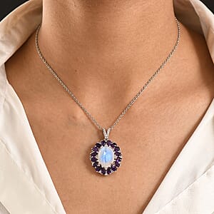 EverTrue Rainbow Moonstone and Multi Gemstone 13.60 ctw Peony Floral Pendant in Platinum Bond with Stainless Steel Necklace 20 Inches