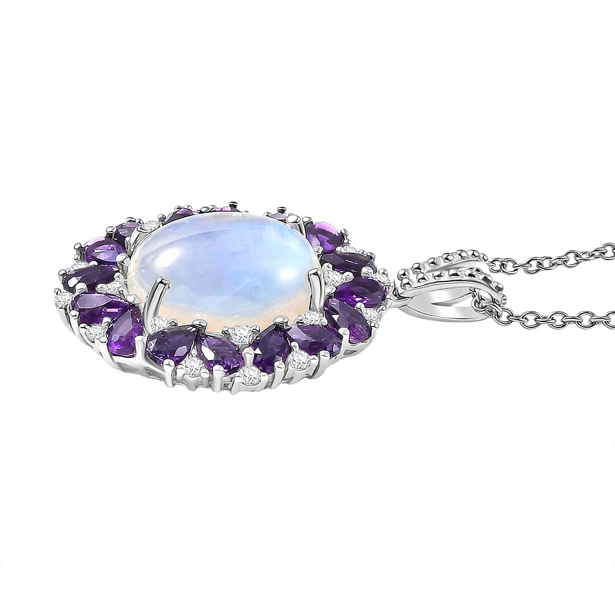 EverTrue Rainbow Moonstone and Multi Gemstone 13.60 ctw Peony Floral Pendant in Platinum Bond with Stainless Steel Necklace 20 Inches image number 3