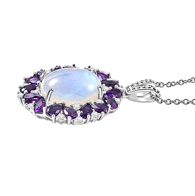 EverTrue Rainbow Moonstone and Multi Gemstone 13.60 ctw Peony Floral Pendant in Platinum Bond with Stainless Steel Necklace 20 Inches